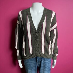 VTG Casual Corner Olive Cream & Purple Stripe Cardigan